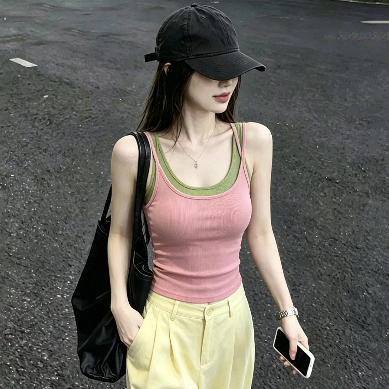 美式辣妹假两件吊带背心女夏不带胸垫夏季双肩带甜辣内搭外穿上衣