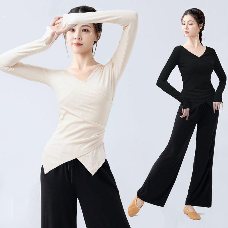 舞蹈练功服女套装古典舞跳舞服修身显瘦现代舞形体训练服套指上衣