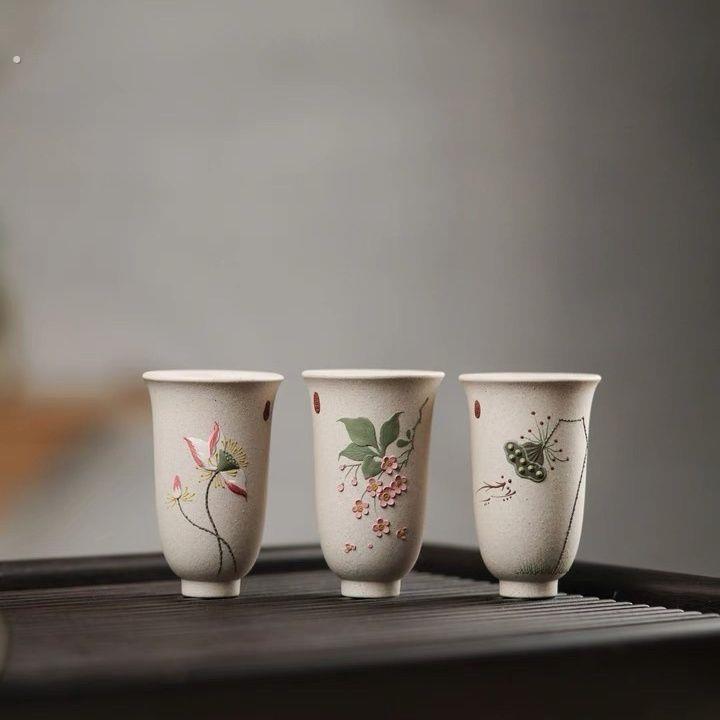宜兴原矿紫砂白段泥绘闻香杯手工对杯主人杯品茗茶杯文人杯专用