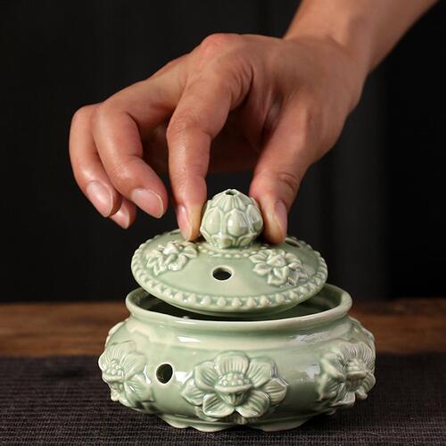 甄选莲花盘香炉 陶瓷熏香炉中式摆件禅意香篆家用室内香茶道器檀