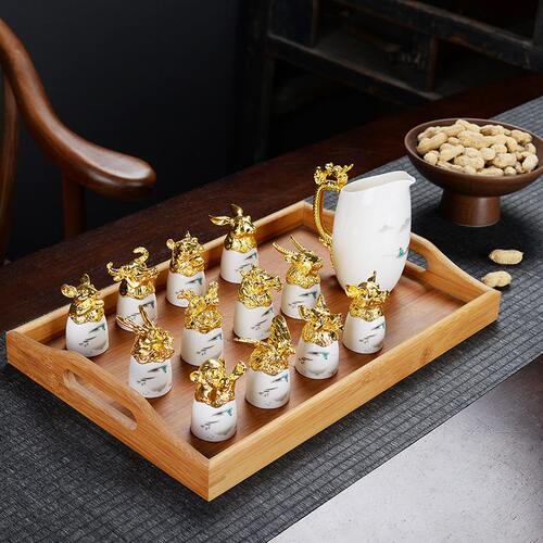 甄选陶瓷酒具十二生肖兽首镀金套装白酒酒杯分酒器 商务节庆礼品