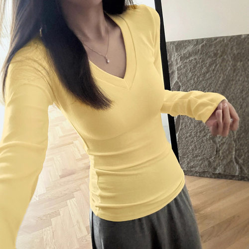 V领正肩长袖T恤女春秋季新款纯棉纯色内搭打底衫辣妹修身长袖上衣