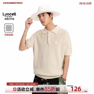 CoosRetro老钱风亚麻短袖T恤男生夏季情侣莱赛尔针织衫polo领上衣