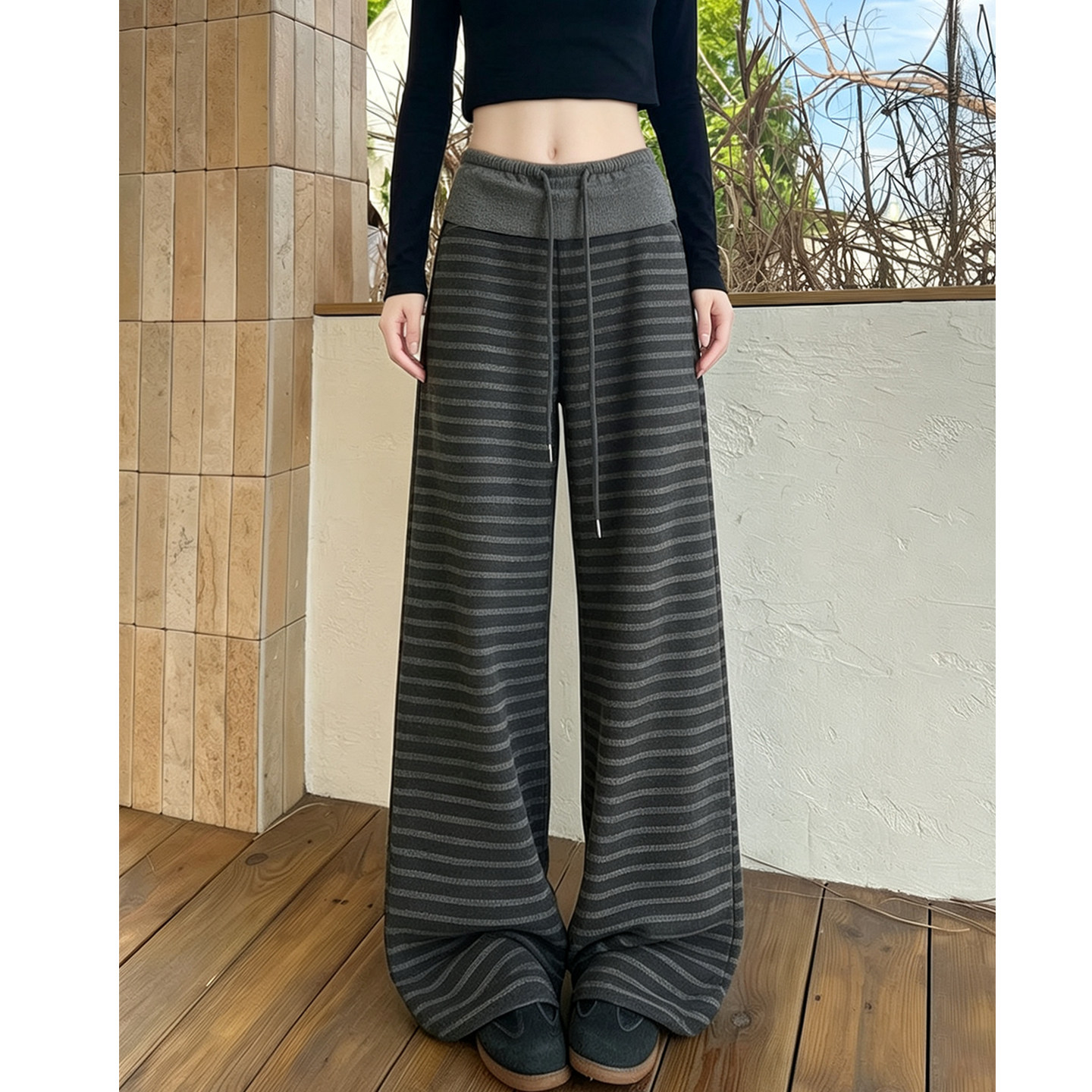 黑灰条纹高腰屁帘阔腿裤女