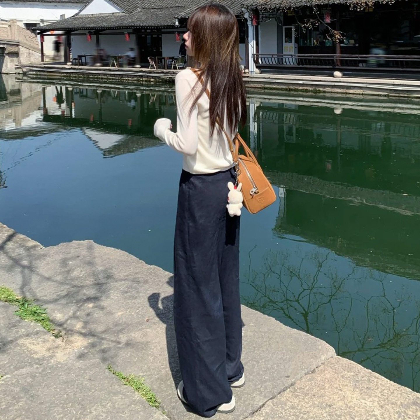 藏青色亚麻感阔腿裤女秋季2025新款老钱风冰丝棉麻宽松休闲直筒裤