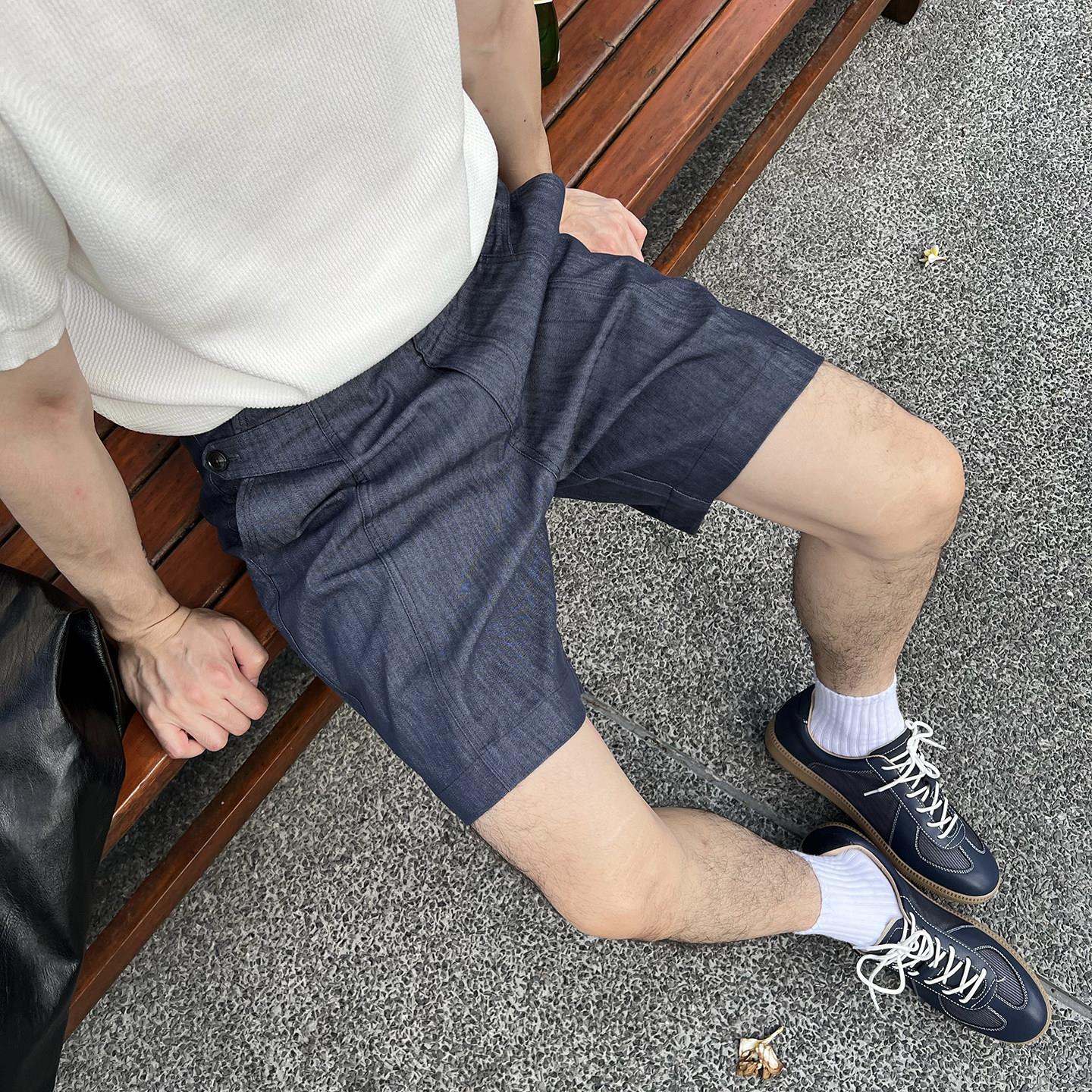 Nick Tian 高级感极简风半松紧腰牛仔短裤男士夏季新款宽松休闲裤