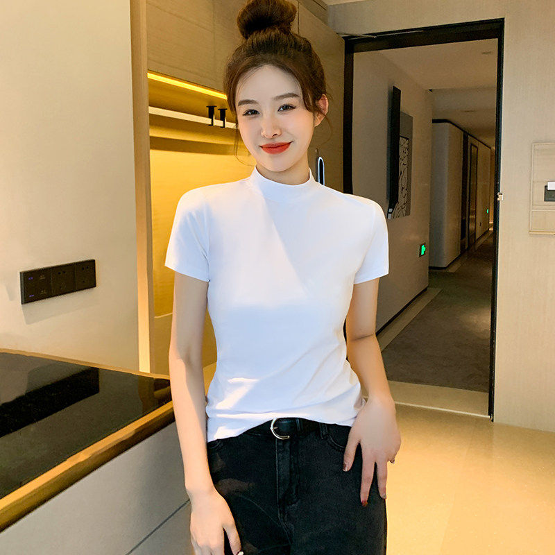 清仓白色半高领纯棉短袖T恤女内搭春夏新款修身上衣打底TS0087