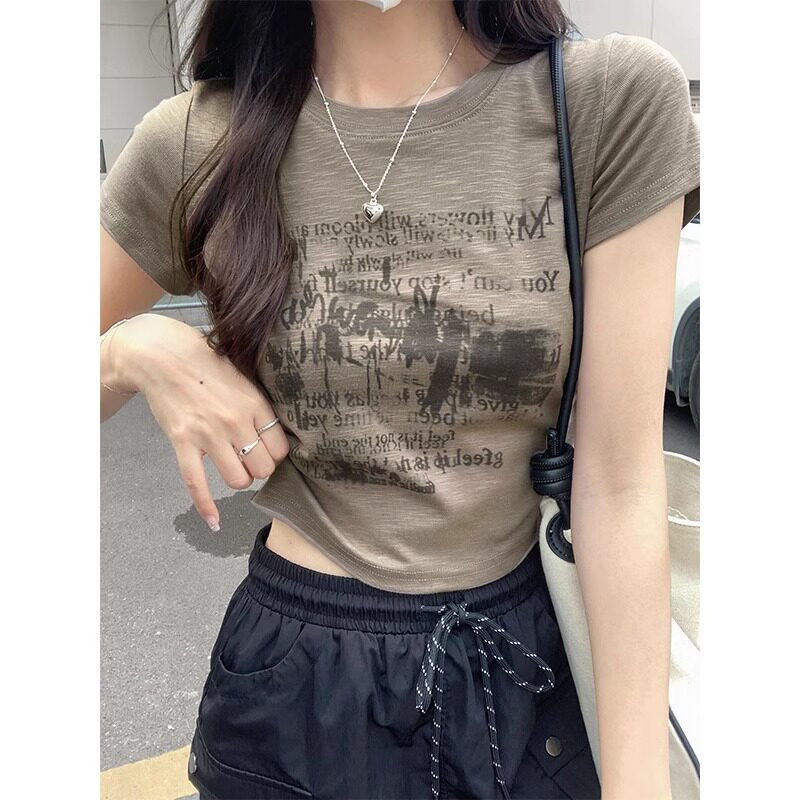 港味复古chic正肩短袖t恤女夏季设计感小众印花高腰显瘦短款上衣