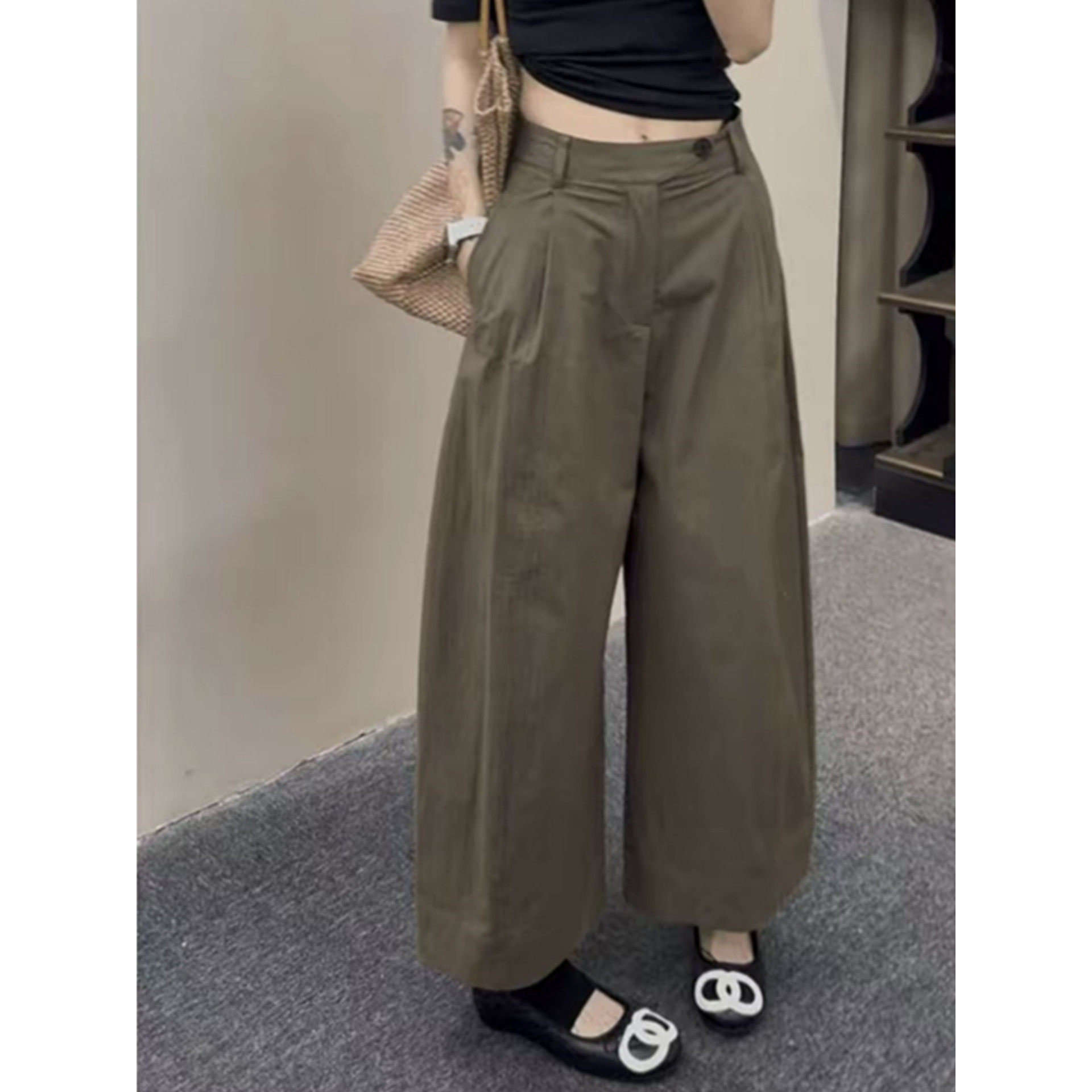 韩系chic垂感高腰阔腿裤女夏季薄款宽松显瘦休闲直筒工装裤子
