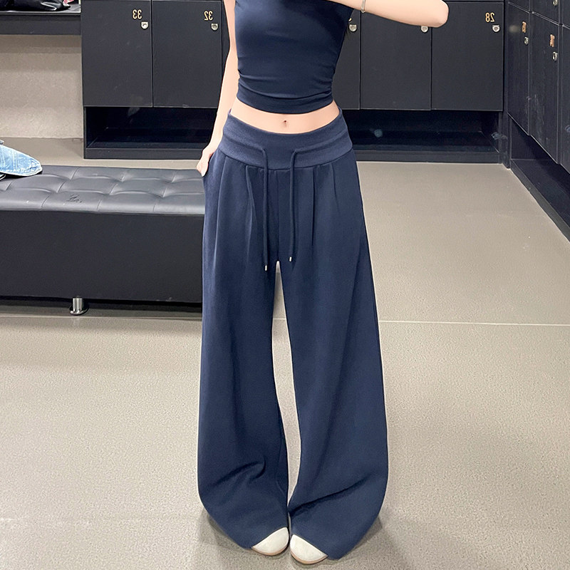 藏青色窄版弯刀裤女春2026新款小个子低腰运动卫裤显瘦休闲阔腿裤图片