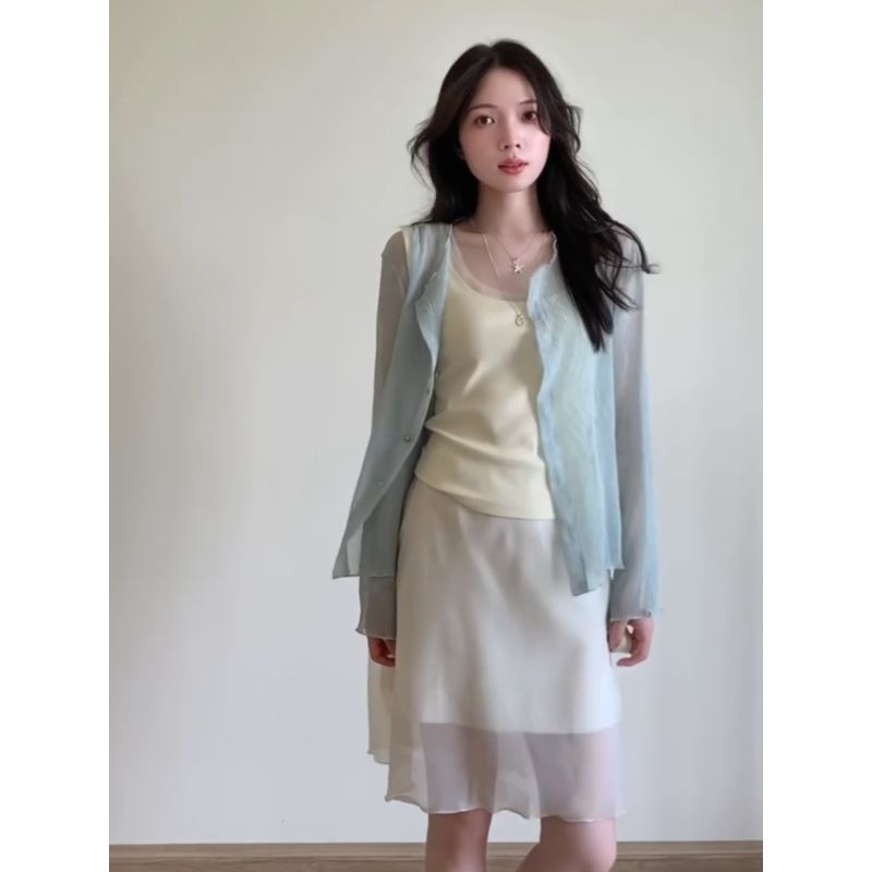 MARIE.COCO韩系时尚薄款开衫外套内搭吊带背心女网纱拼接半身裙子
