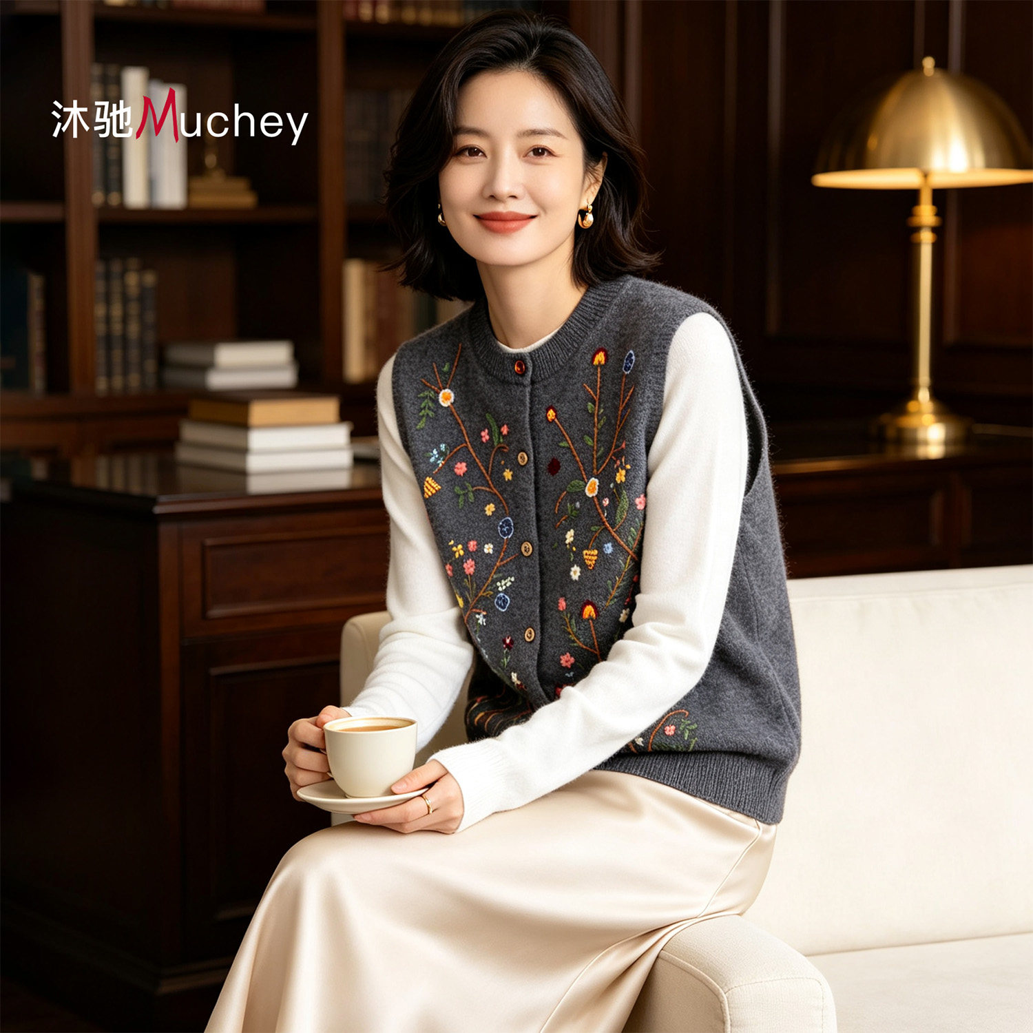 100%山羊绒衫刺绣针织马甲女款