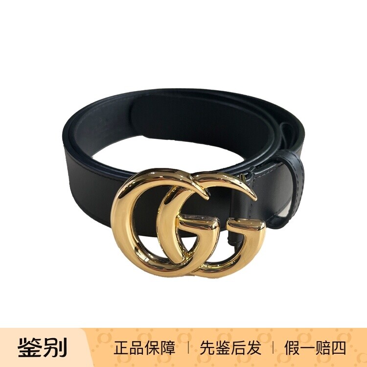 Gucci/古驰 亮金标黑色光面腰带 3CM宽 使用闲置痕迹 休闲经典