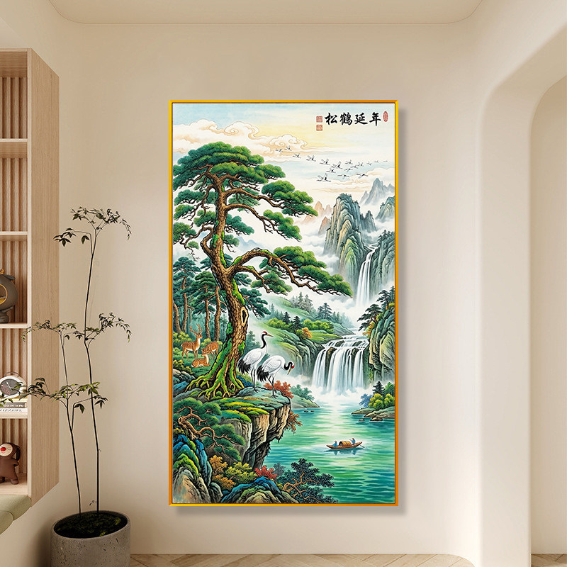 现代松鹤延年福绵长十字绣满绣2026新款青松白鹤入户玄关墙面线绣