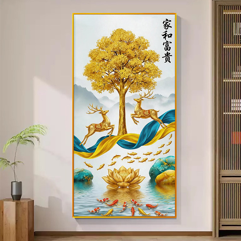 家和富贵鹿荷花玄关墙面十字绣满绣2026新款山水风景高级装饰线绣