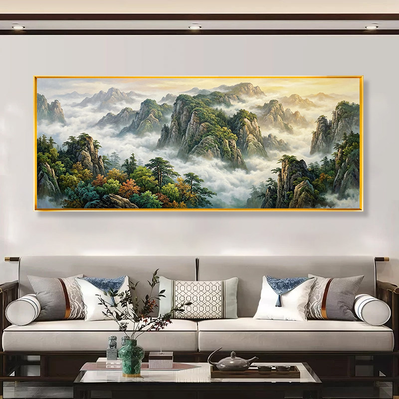 现代苍松翠柏十字绣满绣2026新款山景云海客厅沙发背景墙手工绣