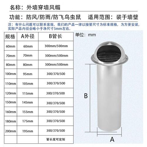 甄选ll不锈钢加长风帽油烟机外墙出风口防风罩穿墙室外排气排风防