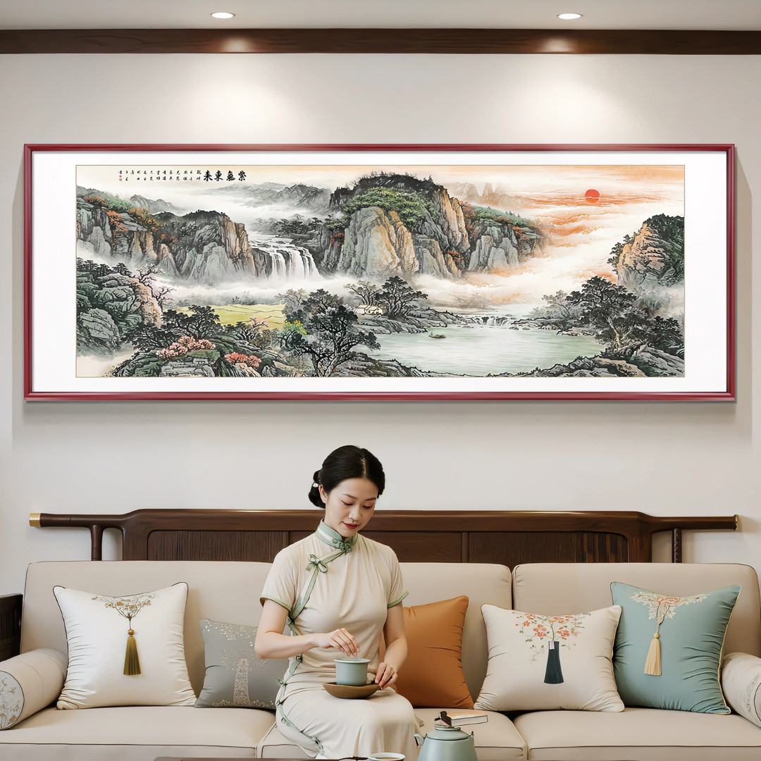 国画紫气东来山水画客厅挂画新中式沙发背景墙装饰画办公室聚财画