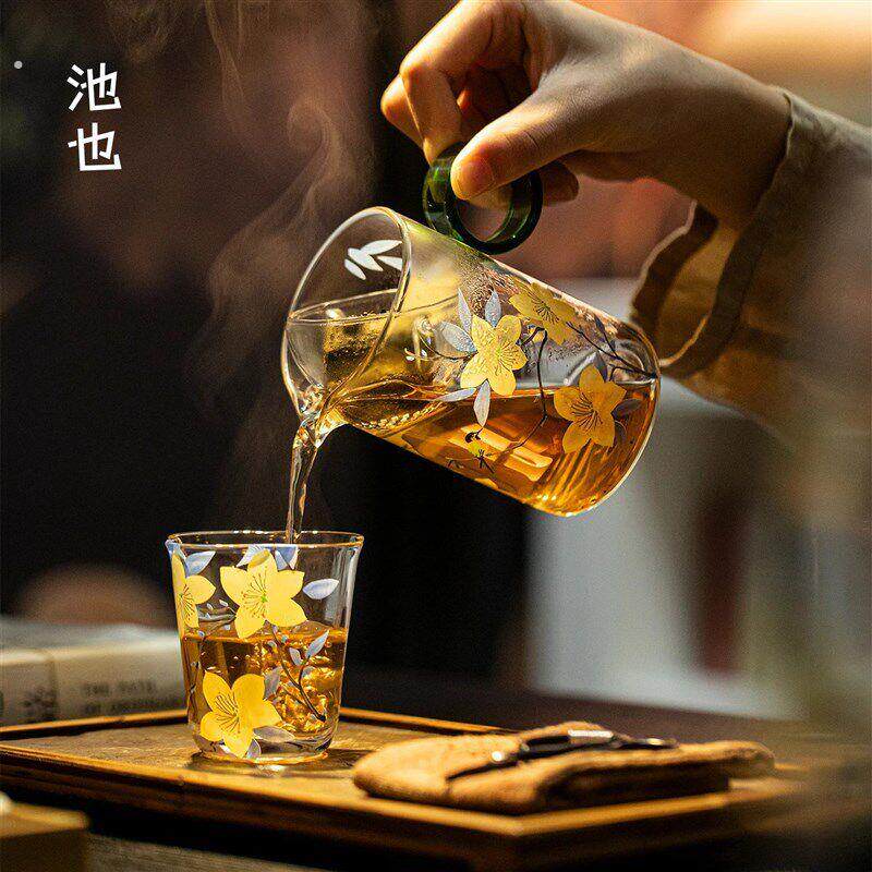 池也玻璃戒指把手小青柑公道杯精致手工透明分茶器新中式耐热茶海