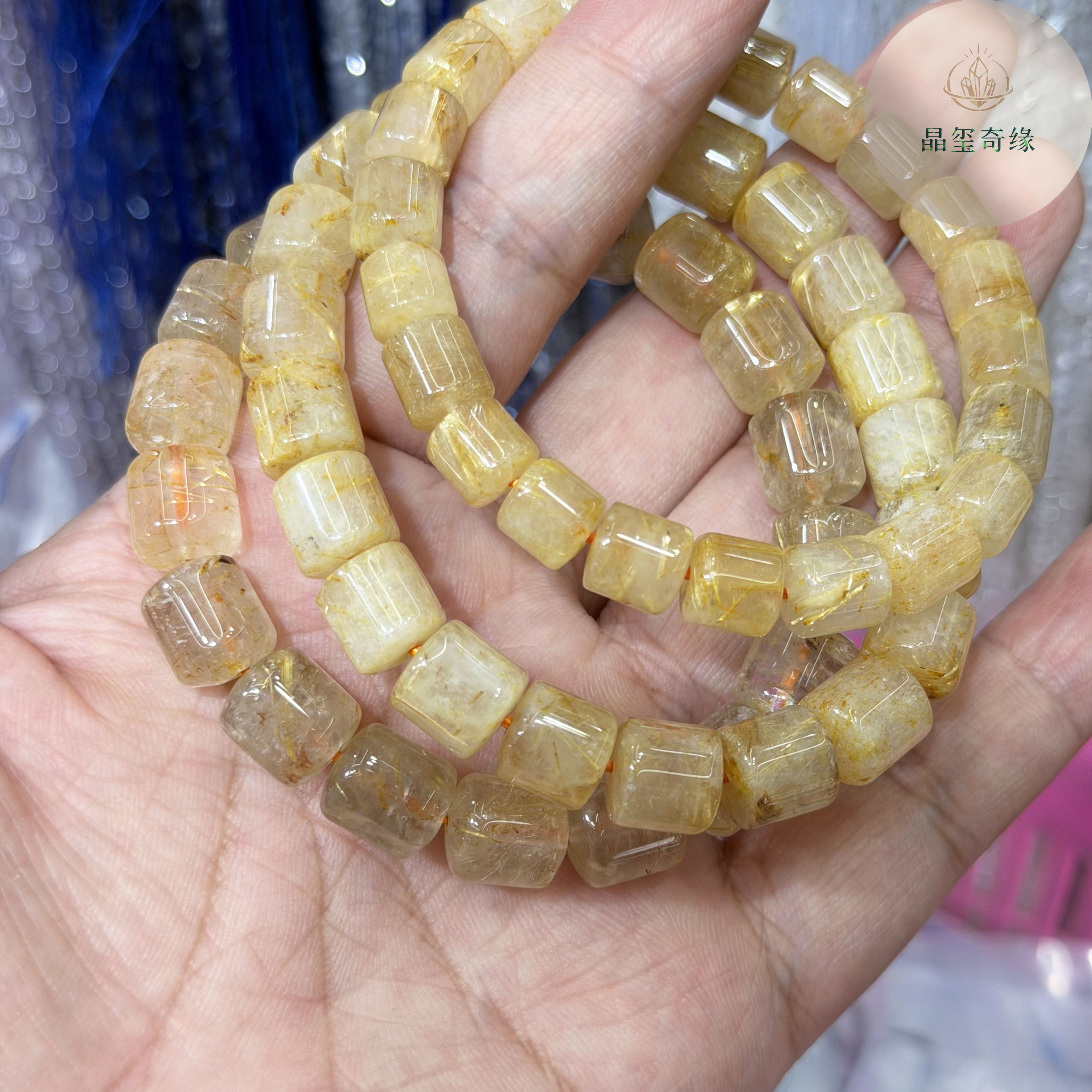 天然金发晶方柱桶珠单圈手串配珠