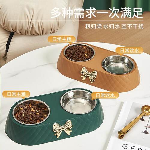 轻奢风新款宠物蝴蝶结碗猫狗粮饮水两用双碗狗盆宠物不锈钢猫狗碗