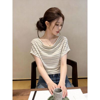 设计感荡领条纹棉短袖t恤女夏时尚洋气减龄百搭体恤韩系漂亮上衣