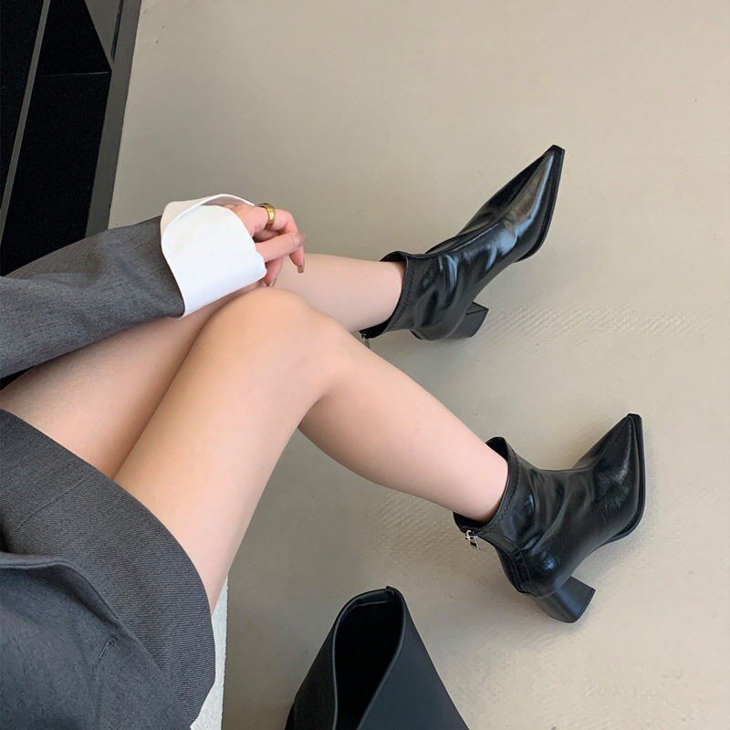 韩版尖头粗跟短靴女瘦瘦靴