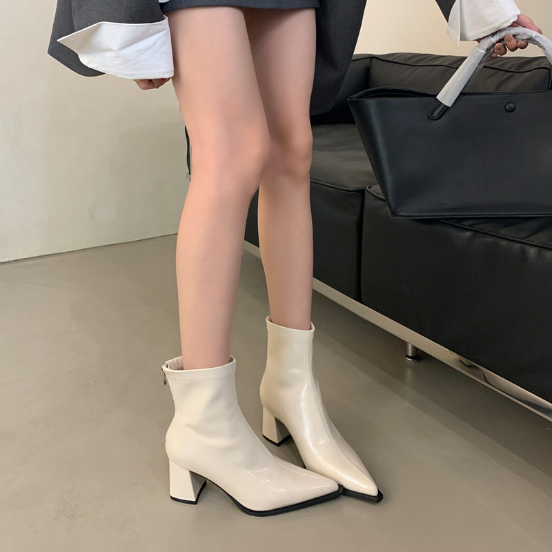 韩版尖头粗跟短靴女瘦瘦靴