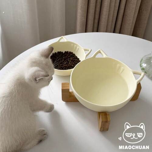 大口径猫碗陶瓷猫碗不易打翻增高架保护颈椎猫粮猫咪喝水碗猫食盆