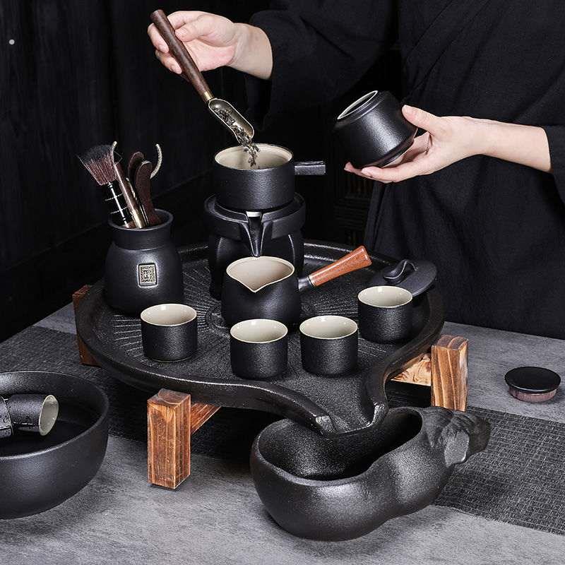 家用复古石磨半自动茶具套装茶盘紫砂壶套装功夫茶整套陶杯黑陶粗