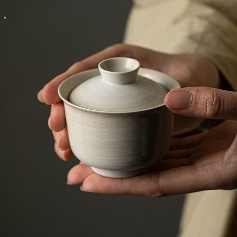 粉引白手工薄胎盖碗可养陶瓷泡茶碗茶杯功夫茶具日式小号茶碗