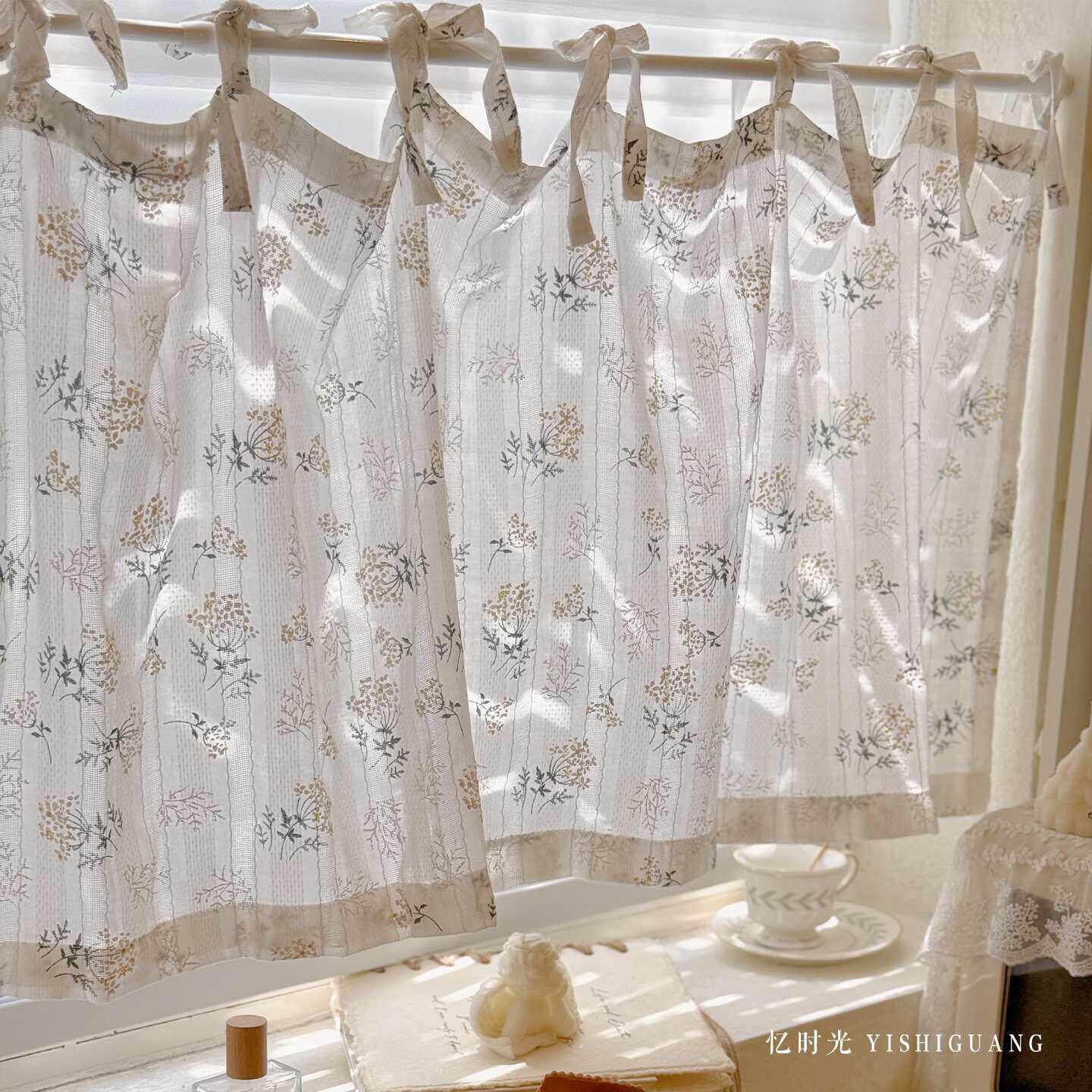 美式田园风系带半帘窗户化妆室门帘小窗帘穿杆帘定制整体橱柜帘咖