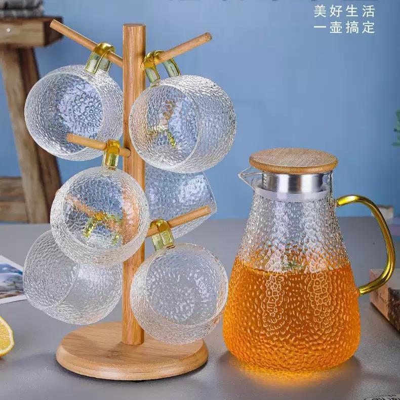耐热玻璃锤纹凉水壶冷水壶家用大容量果汁壶杯子杯架套装