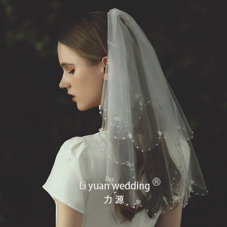 甄选V111W4金属发梳韩式新娘婚纱面纱双层蝴蝶结钉珠头纱
