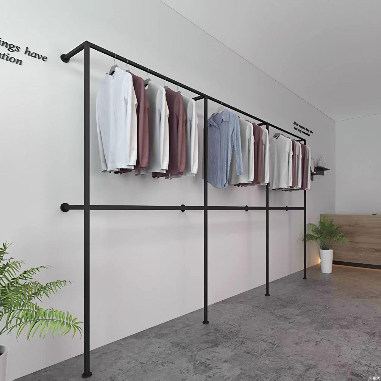 固定在墙上的挂衣架服装展示架上墙壁挂式家用双层挂衣服架子婚纱