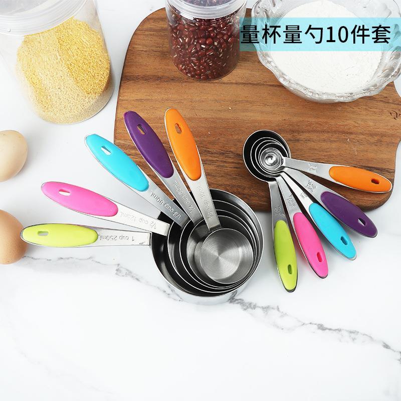 跨境亚马逊不锈钢量杯量勺10件套烘焙烹饪量取工具刻度计量杯