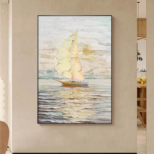 一帆风顺玄关走廊手绘油画大芬村沙发背景装饰画高级肌理海浪壁画
