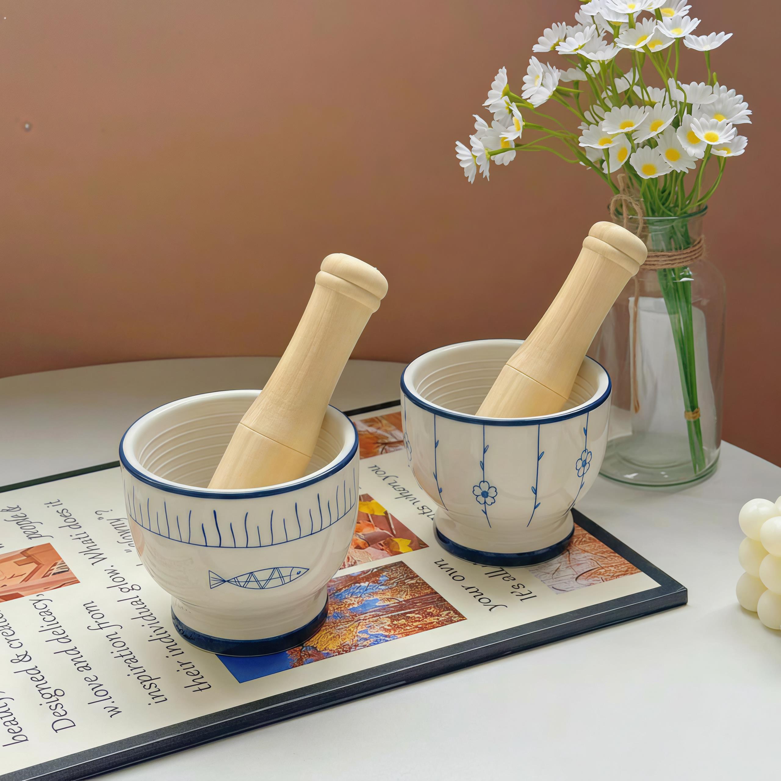 复古陶瓷压蒜泥神器蒜臼子家用陶瓷压蒜器压蒜器手动研磨盅钵擂钵