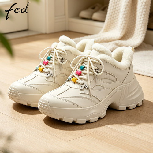 fed秋冬加绒保暖厚底女老爹鞋