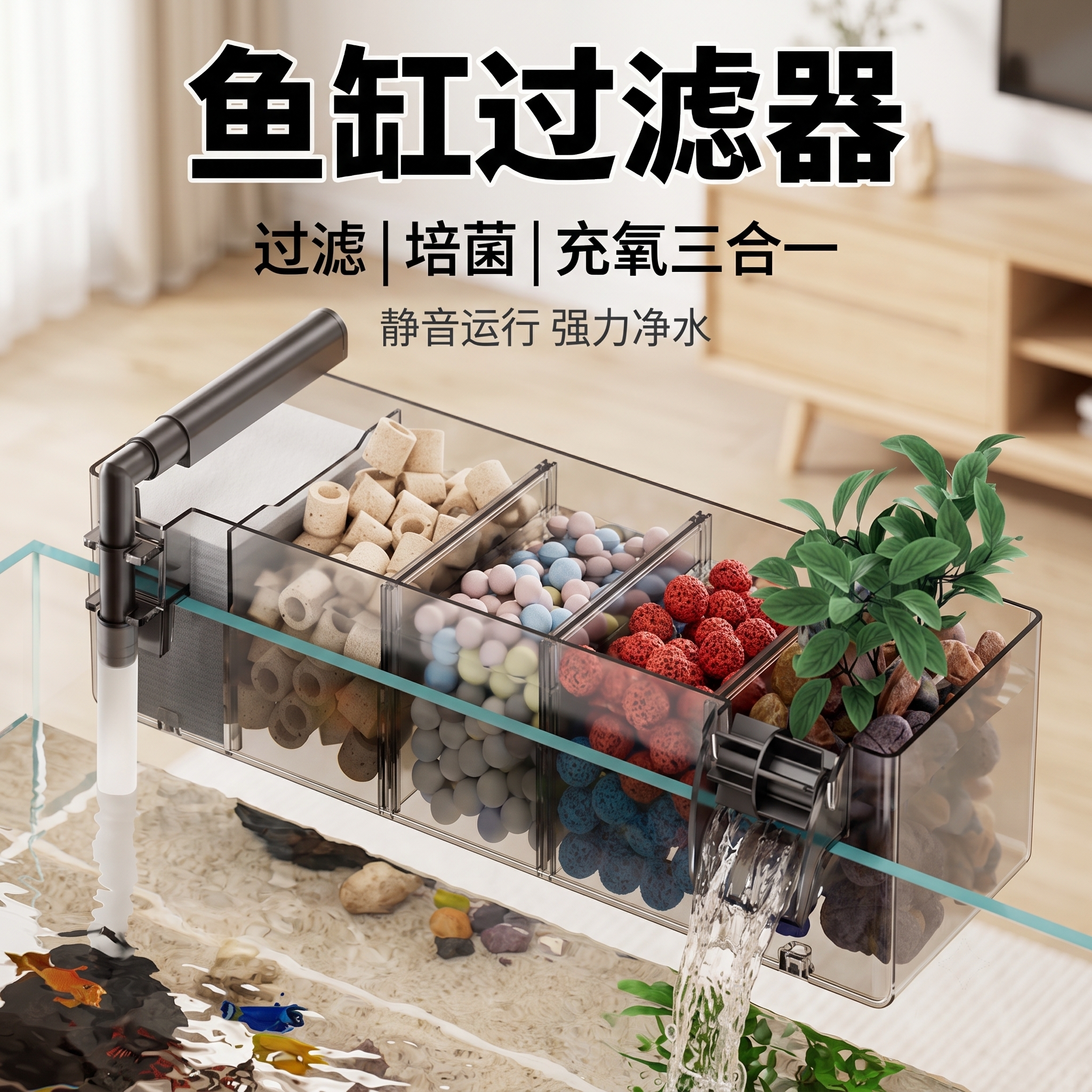 2026款英国小鱼缸氧气泵过滤器一体三合一小型壁挂多格滴流盒制氧