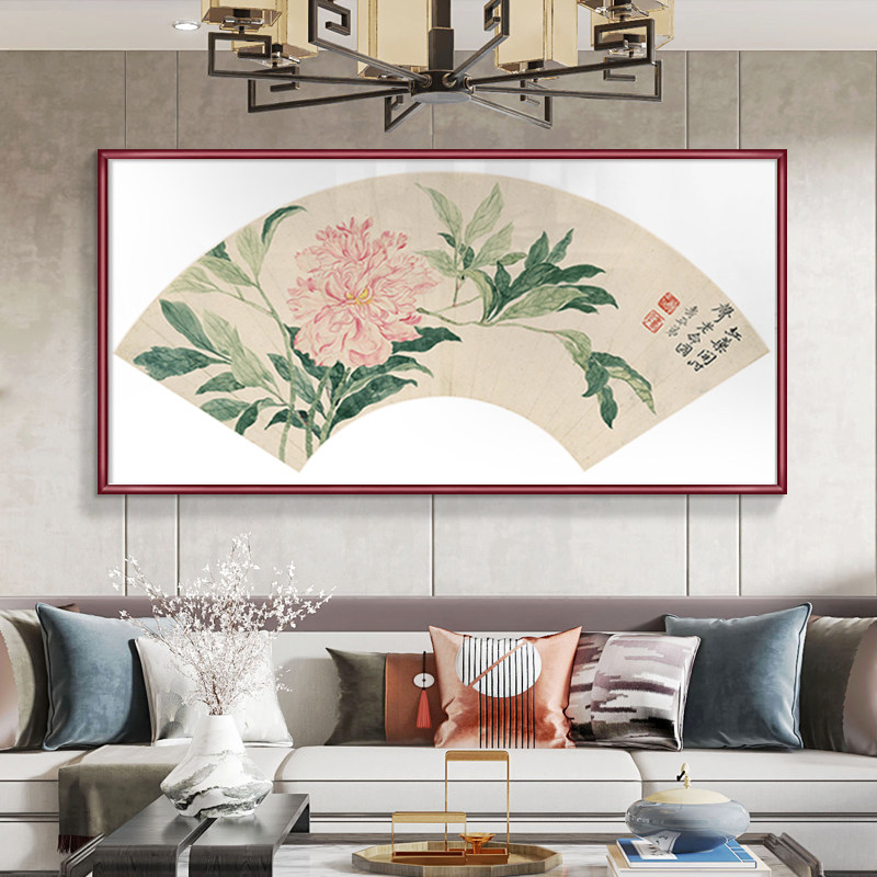 新中式客厅花鸟装饰画国画横幅沙发背景墙挂画扇形茶室民宿壁画