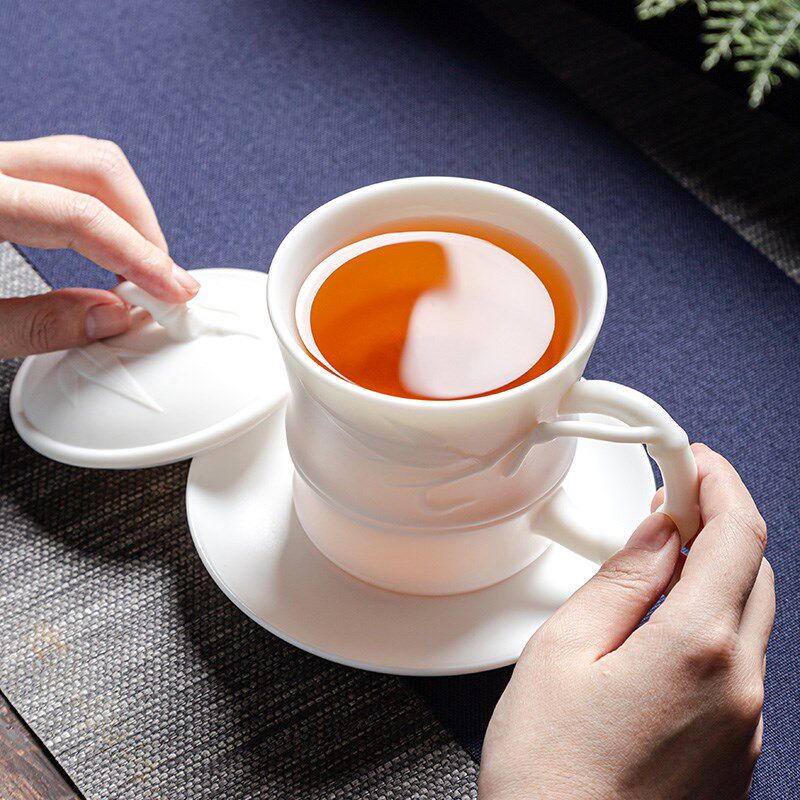 赢匠羊脂玉白瓷办公茶杯竹节大号带盖会议水杯支持logo定制刻字杯