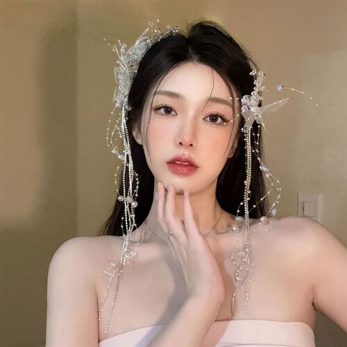 蝴蝶流苏珍珠发夹女新娘婚纱头饰仙美森系水晶2026新款发饰配饰