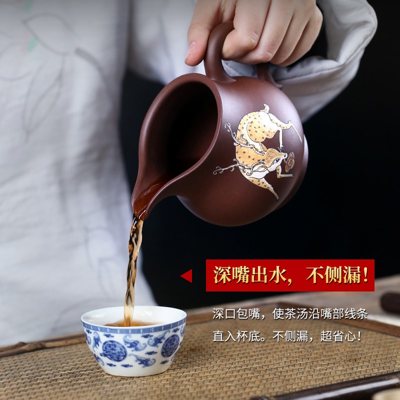 宜兴紫砂公道杯鹿老紫泥纯全手工茶海分茶器大号酒樽福禄临门公杯