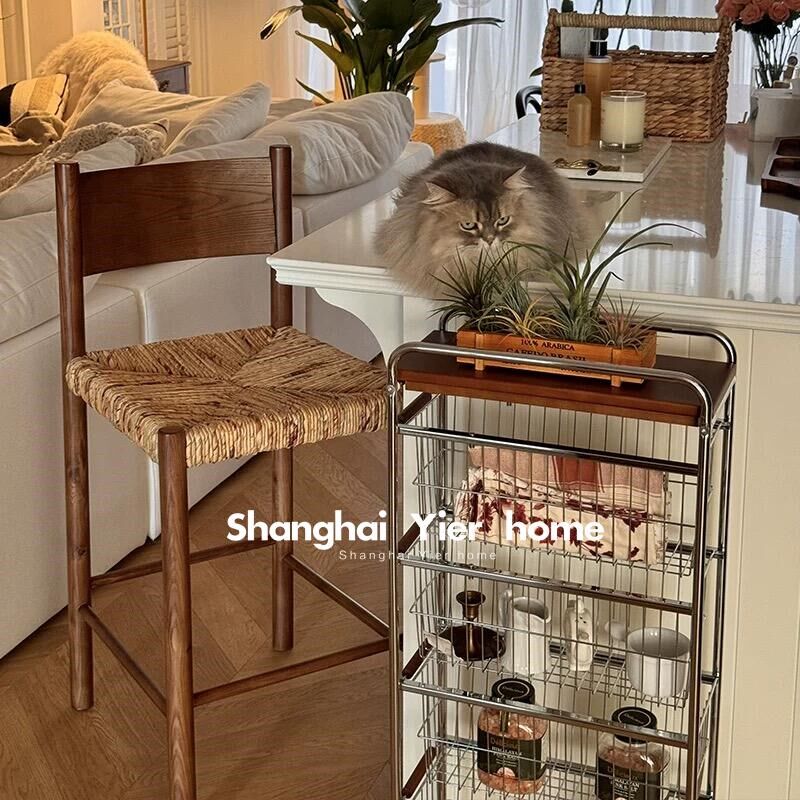 中古实木吧台椅家用咖啡厅高脚椅设计师复古绳编餐椅岛台椅靠背椅图片