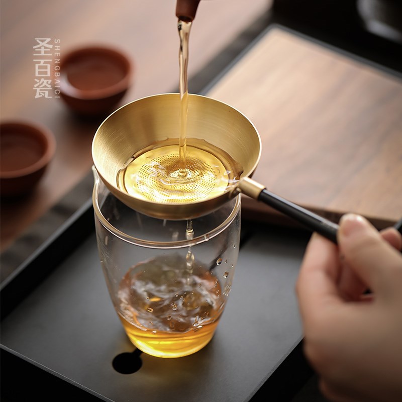 黄铜茶漏带把过滤网分茶器茶叶过滤茶隔一体茶漏功夫茶具茶道零配