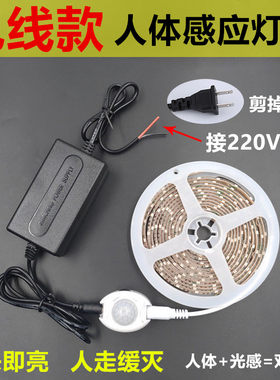 人体感应灯带接220V电线智能生活红外光控双感应灯条玄关鞋柜夜灯
