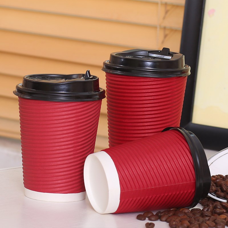一次性咖啡打包杯奶茶纸杯加厚防烫双层热饮杯螺纹瓦楞杯子带盖