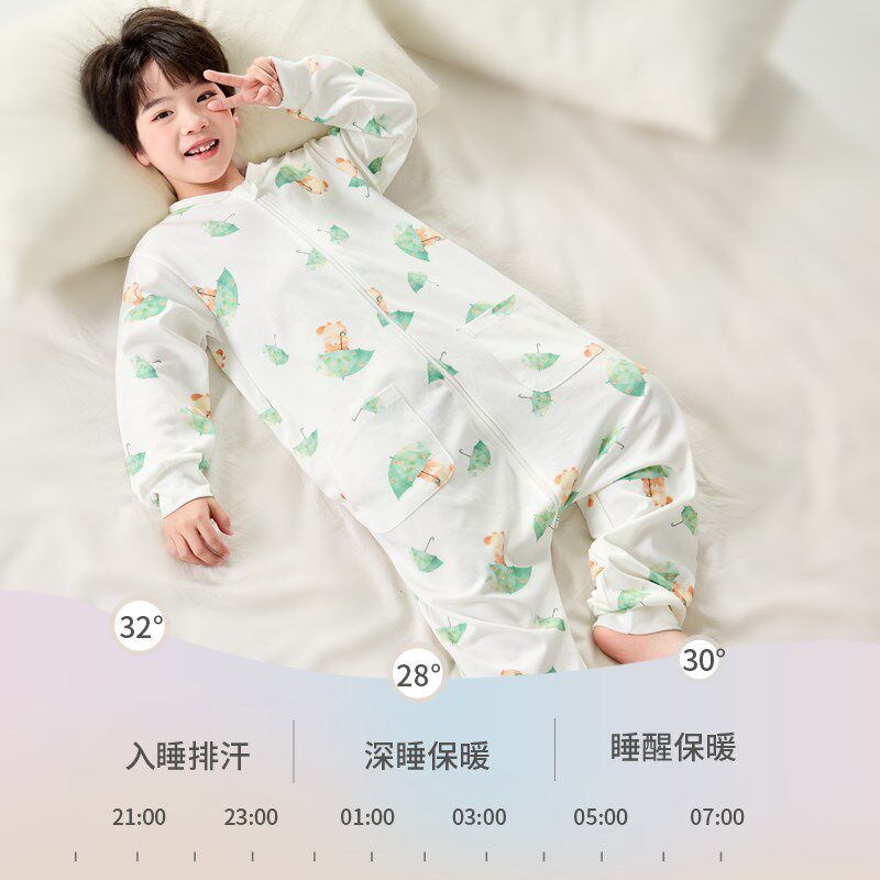 灵灵多男童连体睡袋纯棉睡衣春款家居服儿童连身睡衣大童连体睡衣