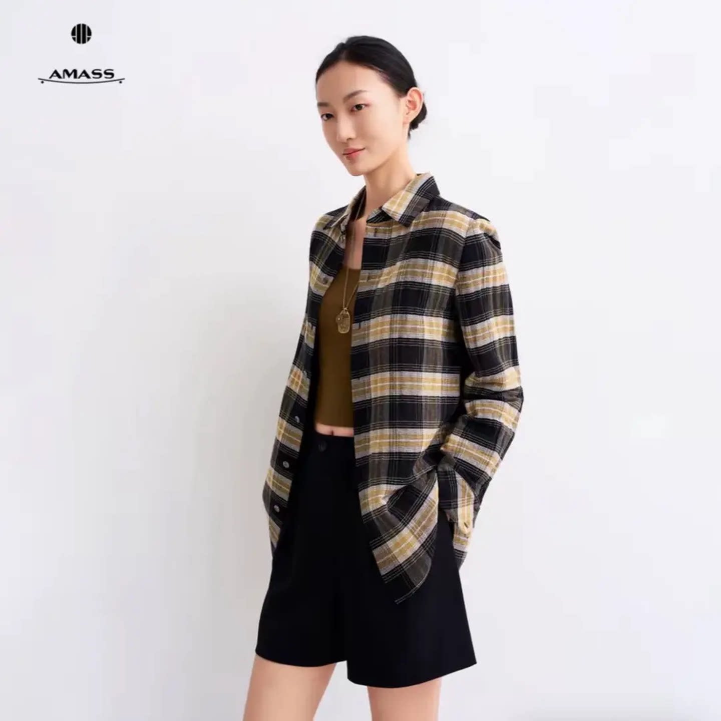阿玛施格纹翻领松弛感宽松复古休闲长袖衬衣530171